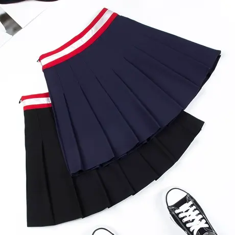 彩虹条百褶裙女夏学院风高腰短款a字显瘦红白条纹撞色短款半身裙图片