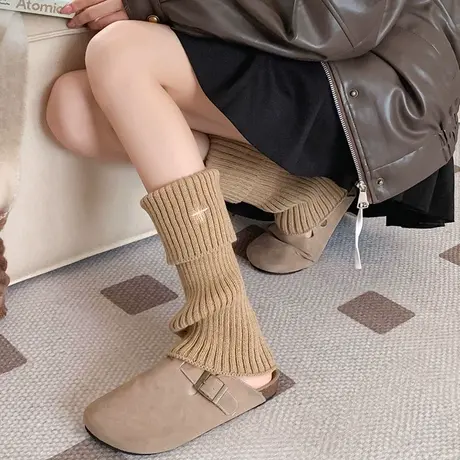 卡其色袜套女针织堆堆脚套秋冬护腿保暖喇叭形半腿短款厚实不带脚商品大图