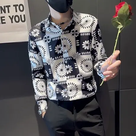 秋季新款高级感长袖衬衫男花色修身韩版痞帅花寸衫发型师潮牌衬衣商品大图