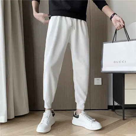 夏季男士休闲裤九分裤裤子潮流痞帅薄款运动华夫格纯色卫裤运动裤商品大图