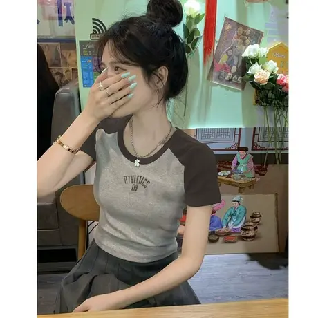 撞色拼接刺绣正肩短袖t恤女2024夏季新款圆领修身小个子短款上衣商品大图
