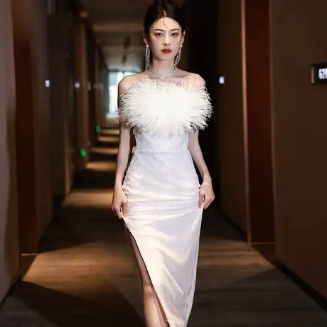 晚礼服女高级感白色主持人高端气质鱼尾裙羽毛亮片轻奢宴会连衣裙商品大图