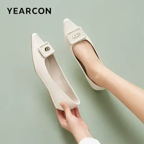 意尔康女鞋春秋季休闲粗跟浅口单鞋女士低跟尖头职业工作鞋气质图片