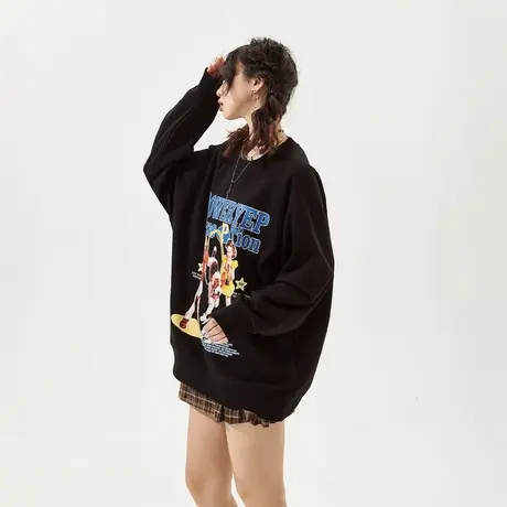 YEP黑色印花圆领卫衣女2024年春季新款复古宽松oversize无帽上衣图片