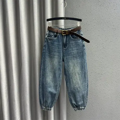 港风复古工装束脚裤女24春季新款高腰宽松显瘦休闲牛仔九分哈伦裤商品大图