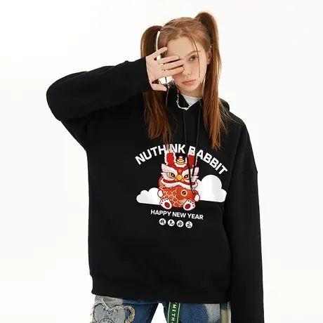 Nuthink国潮新年醒狮连帽卫衣男潮牌ins宽松大码冬季加绒潮流帽衫商品大图