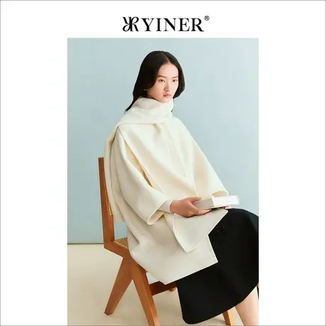 【100绵羊毛】YINER音儿女装冬季围脖式外套双面毛呢大衣商品大图