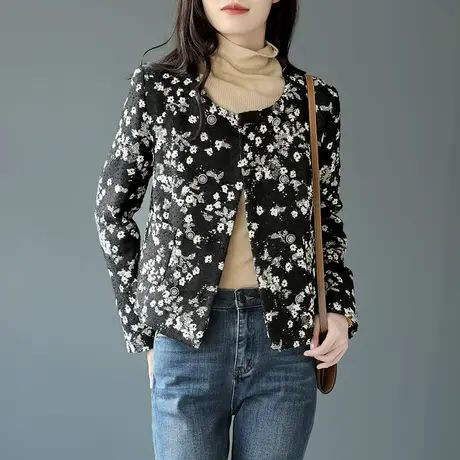 宝诗黎圆领双排扣提花上衣时尚复古短外套2022秋季新款高级感女装商品大图