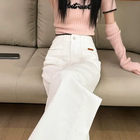 白色阔腿牛仔裤女春秋新款高腰垂感宽松显瘦一字口袋直筒拖地裤子图片