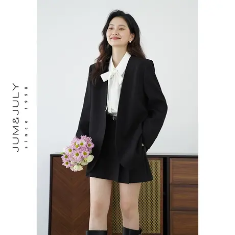 嘉茱莉2024新款黑色无领西装外套女中长款宽松西装上衣开衫西服图片