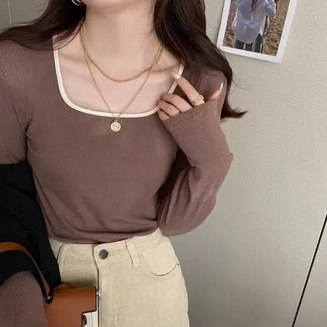 法式方领露锁骨长袖T恤女春装2024新款修身显瘦撞色上衣打底衫潮商品大图