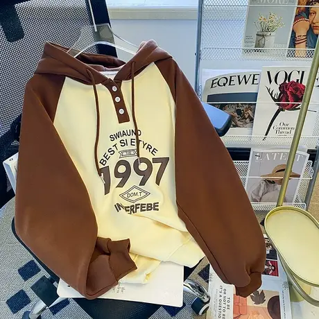 拼色设计感连帽卫衣女秋冬加绒加厚潮牌ins宽松大码chic港味外套图片