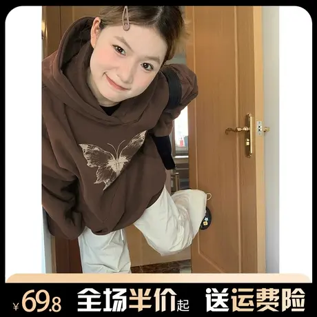 连帽复古卫衣女秋冬加绒加厚小个子oversize美式小众设计感外套潮商品大图