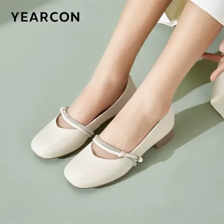 意尔康女鞋春秋季女士粗跟方头单鞋真皮玛丽珍鞋法式仙女风配裙子商品大图