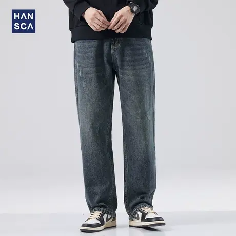 hansca直筒牛仔裤男秋季新款潮牌水洗做旧宽松美式休闲百搭阔腿裤商品大图