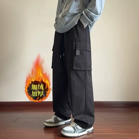 加绒工装裤男款秋冬季潮牌美式运动登山裤直筒休闲裤加厚冲锋裤子商品大图