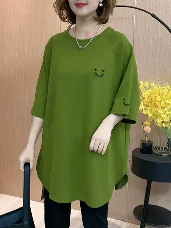 夏季新款刺绣笑脸开叉T恤女休闲时尚显瘦圆领百搭设计感7分袖上衣商品大图