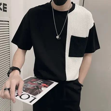 拼接T恤男夏季短袖ins撞色肌理感轻熟半袖上衣小众简约体恤半截袖图片