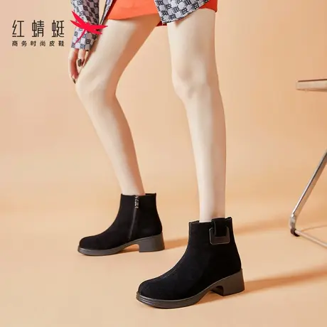 红蜻蜓秋冬季磨砂反绒皮靴子低跟短靴女2023新款加绒保暖真皮裸靴商品大图