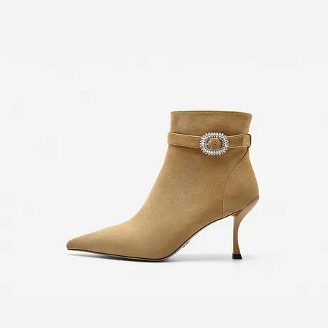 Nine West/玖熙2023年冬季新款高跟短靴女尖头绒面晶钻优雅瘦瘦靴商品大图