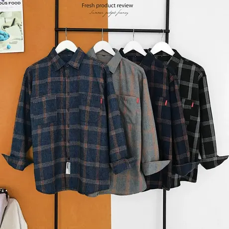 衬衫男长袖韩版潮流帅气春秋宽松格子休闲情侣衬衣外套学生打底寸商品大图