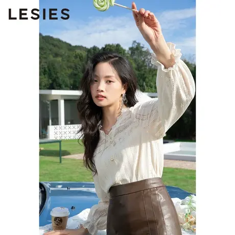 LESIES蓝色倾情春秋新款女V领优雅蕾丝长袖宽松通勤上衣衬衫商品大图