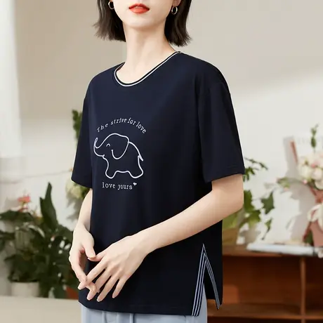 纯棉t恤女夏装2023新款宽松时尚减龄大象图案休闲百搭短袖上衣服图片