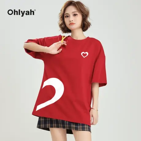 Ohlyah爱心印花短袖T恤女男情侣装夏装宽松纯棉上衣工作班服定制商品大图