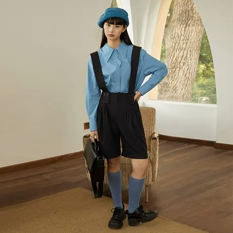 omont蛋挞家 复古格子高腰背带裤五分裤女秋季新款裤子休闲裤中裤商品大图