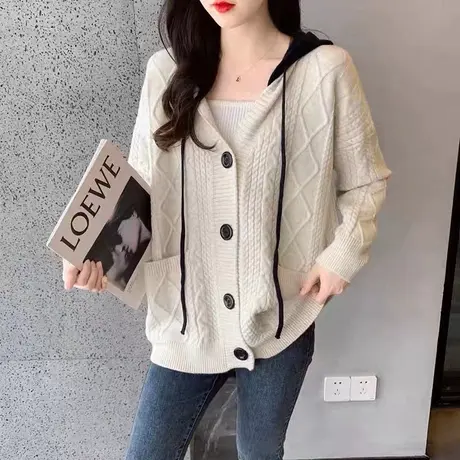 慵懒风毛衣女春秋季2023年新款中长款连帽加厚宽松针织开衫外套女商品大图