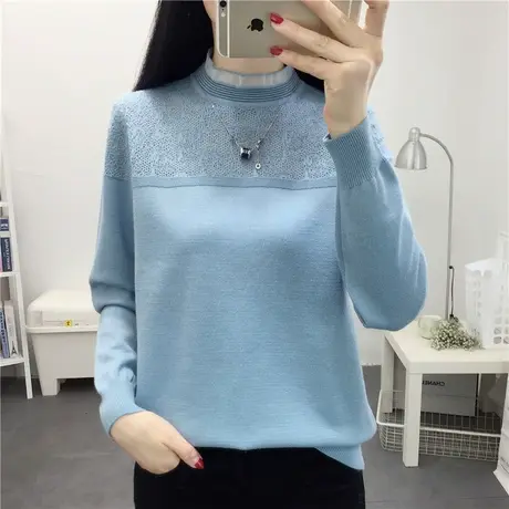 半高领蕾丝打底衫女2022秋季新款针织衫宽松外穿套头女士毛衣洋气商品大图