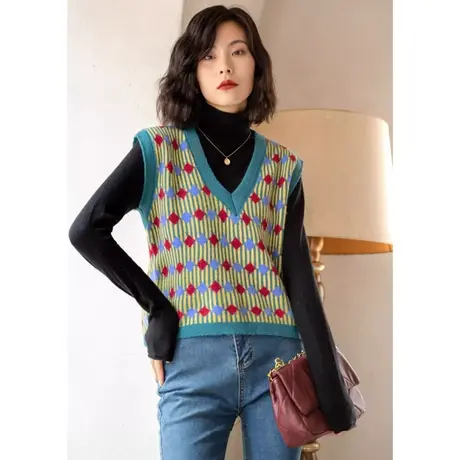 弥古撞色v领针织马甲女春秋小众设计感套头毛衣背心显瘦无袖坎肩商品大图