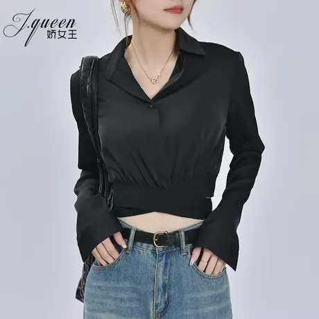 衬衫上衣女秋季新款时尚设计感心机露脐小个子短款黑色长袖衬衣商品大图