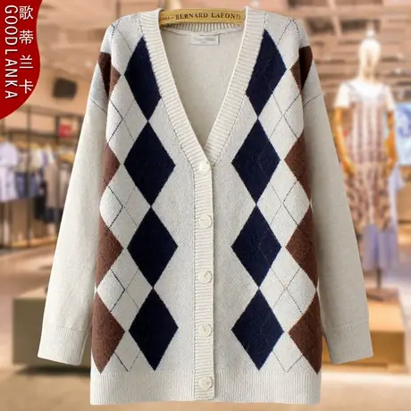 中年妈妈春秋款开衫毛衣女加肥加大码宽松遮肚洋气V领针织衫外套商品大图