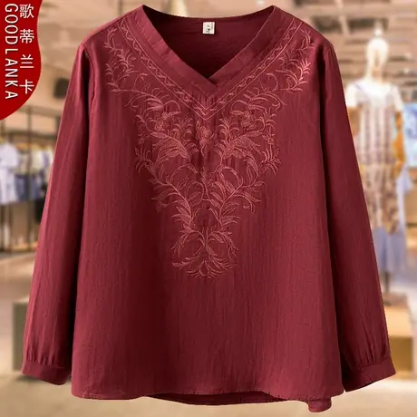 40-50岁中年胖妈妈秋装长袖T恤女200斤洋气妈妈装刺绣打底衫上衣商品大图
