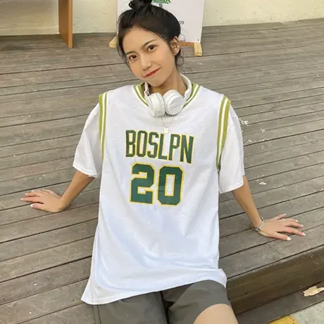 假两件篮球服短袖t恤女夏季半袖宽松ins设计感小众chic港味上衣服商品大图