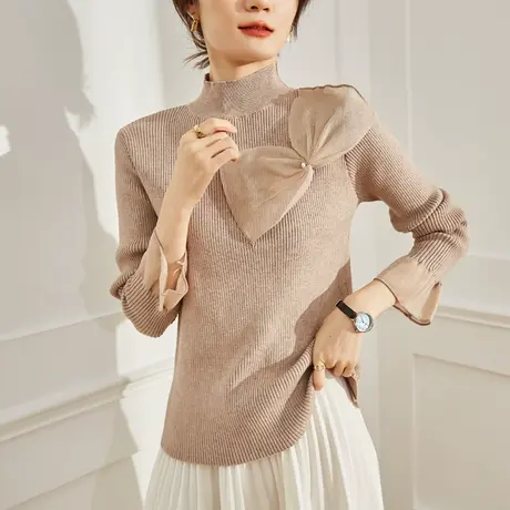 蝴蝶结半高领针织衫毛衣女2023秋冬新款加厚打底衫设计感内搭上衣商品大图