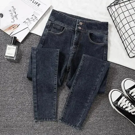 春秋高腰牛仔裤女2023年新款显瘦烟灰色修身紧身小脚加绒秋季裤子商品大图