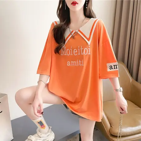 娃娃领短袖t恤女夏季韩版宽松大码女装中长款海军风半袖上衣服潮图片