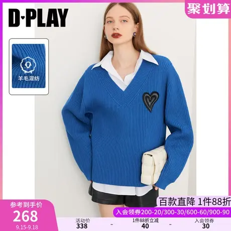 DPLAY秋装新款宽松短款V领克莱因蓝色定制皮革爱心宽松毛衣商品大图