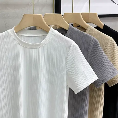 冰丝针织短袖T恤男士夏季薄款潮牌纯色紧身体恤百搭精神小伙半袖商品大图