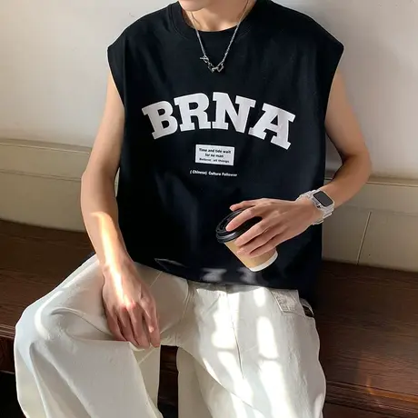 夏季全棉圆领印花背心男士T恤夏天男生纯棉无袖上衣男装2023新款商品大图