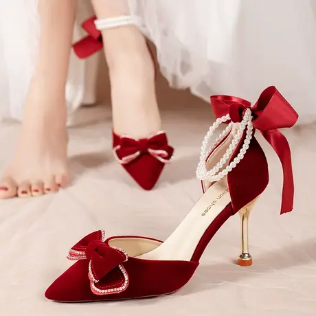永希中式尖头红色婚鞋女夏季2023年新款秀禾细跟蝴蝶结高跟新娘鞋商品大图