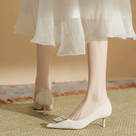 不累脚高跟鞋女细跟2023春季新款尖头气质软皮单鞋浅口职业工作鞋商品大图