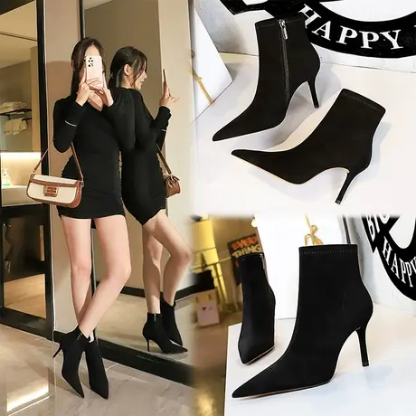 黑色短靴女细跟2023年秋季百搭新款袜靴时装靴网红法式尖头高跟靴商品大图