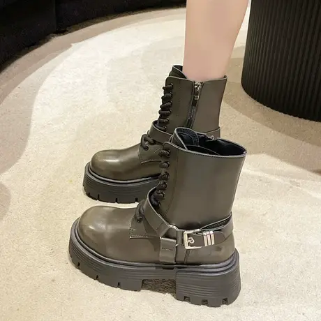 英伦风马丁靴女2023夏秋爆款单靴厚底炸街时尚配裙子工装机车短靴图片