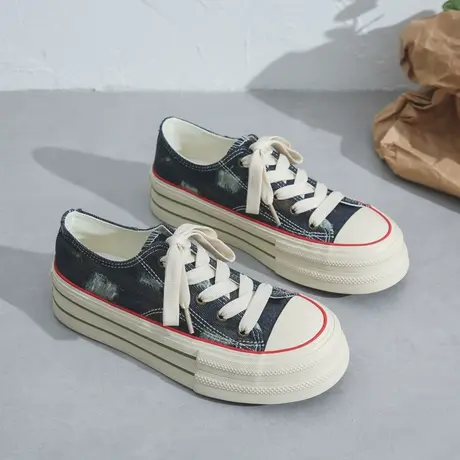 2023夏季新款厚底鞋子女水洗牛仔蓝破洞帆布鞋透气百搭低帮休闲鞋商品大图