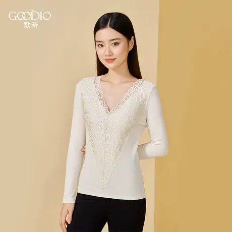 Goodio/歌帝专柜同款起绒抽条蕾丝女打底衫发热保暖单件上衣图片