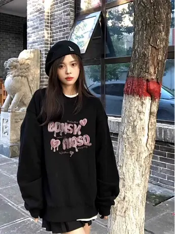 大码胖mm美式复古圆领卫衣女春秋新款oversize慵懒风上衣2-300斤商品大图