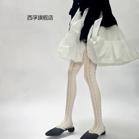 法式复古优雅侧边蕾丝白色连裤袜超薄竖条纹黑丝提花女萝莉lolita商品大图